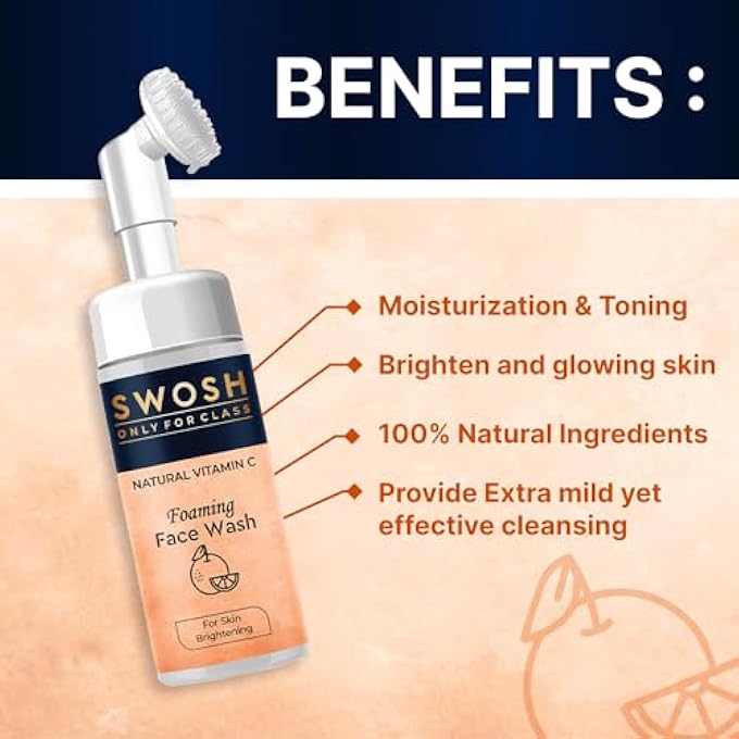 SWOSH NATURAL VITAMIN C FOAMING FACE WASH FOR PIMPLE PRONE & OILY SKIN - NO PARABENS, SULPHATE, SILICONES & COLOUR (WITH BUILT-IN FACE BRUSH), 100 ML - Image 2